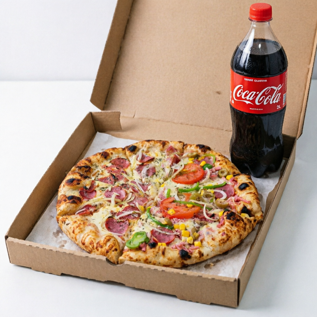 Pizza 2 sabores e de 35cm, cortada em 8 fatias, sendo 4 fatias de cada sabor.