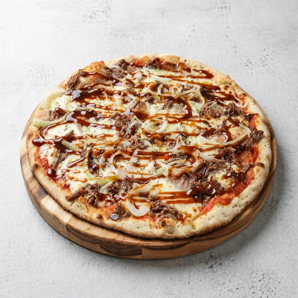 Massa artesanal, base de molho de tomate, queijo mussarela, carne de sol desfiada finalizada com barbecue