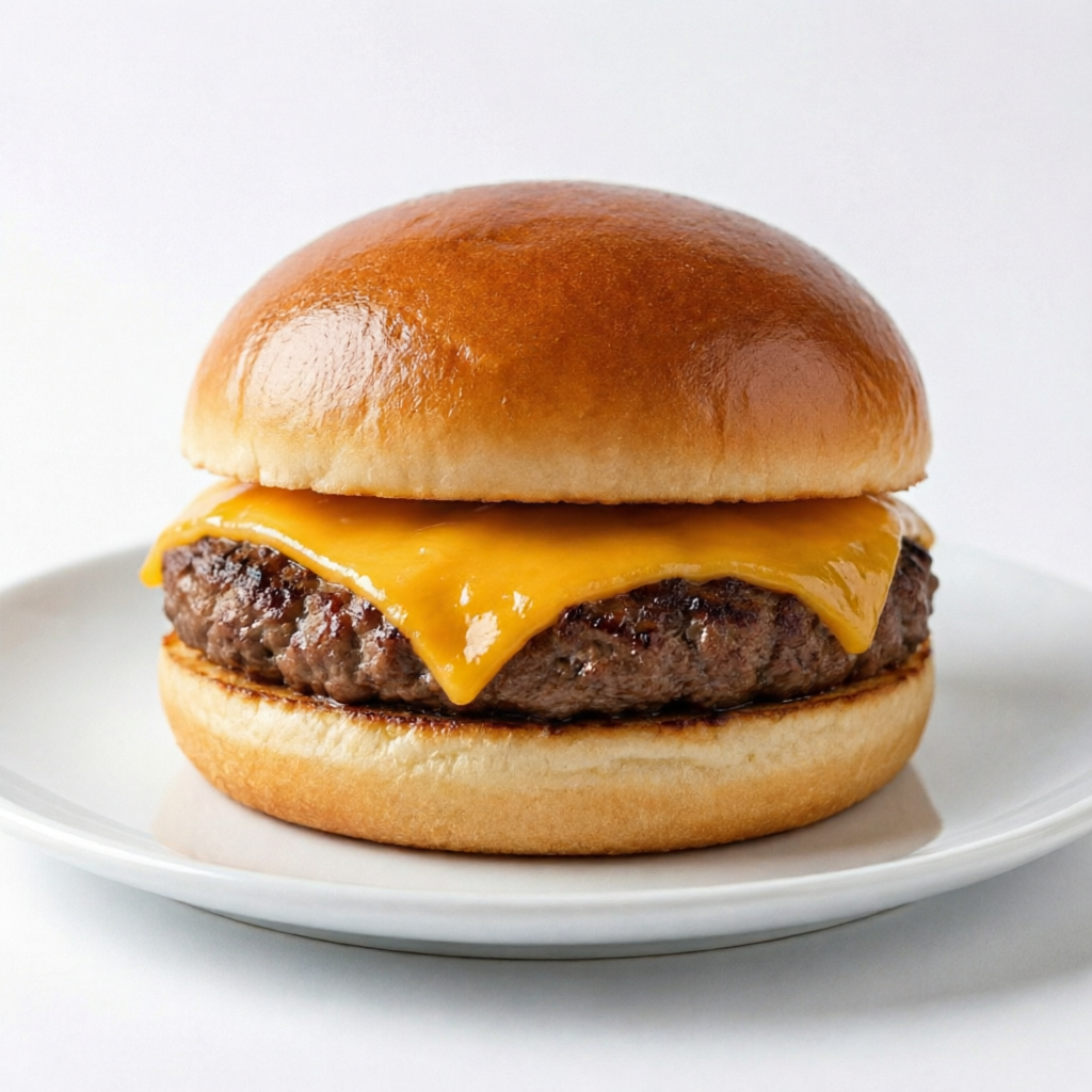 Hambúrguer artesanal 150g, queijo cheddar derretido e pão brioche