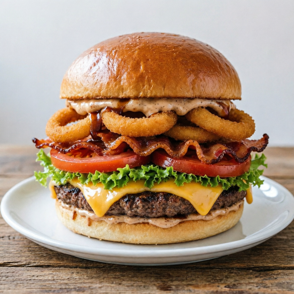 Pão brioche, hambúrguer artesanal 150g, queijo prato, bacon crocante, anéis cebola, tomate, alface e molho barbecue.