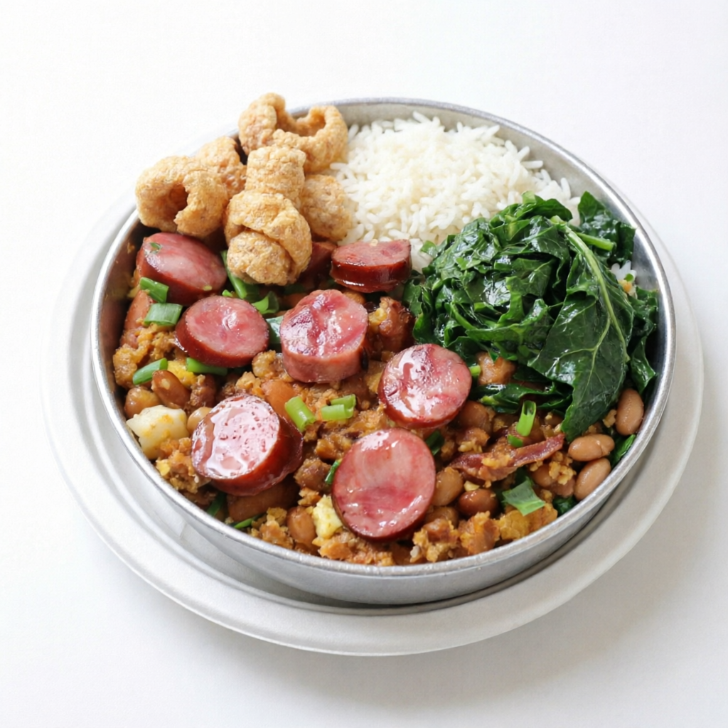 Marmita pesada e completa! Feijão tropeiro com farinha torrada, bacon, calabresa, couve e ovo MISTURADOS EM MEIO AO FEIJAO. Acompanha arroz branco, torresmo crocante e linguiça frita. Aquele clássico que sustenta o dia todo.