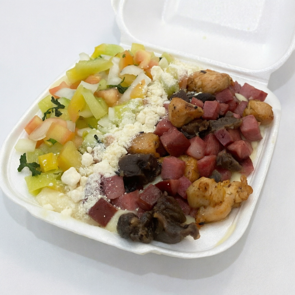 Pirão d aipim, carne, calabresa, frango e salada.