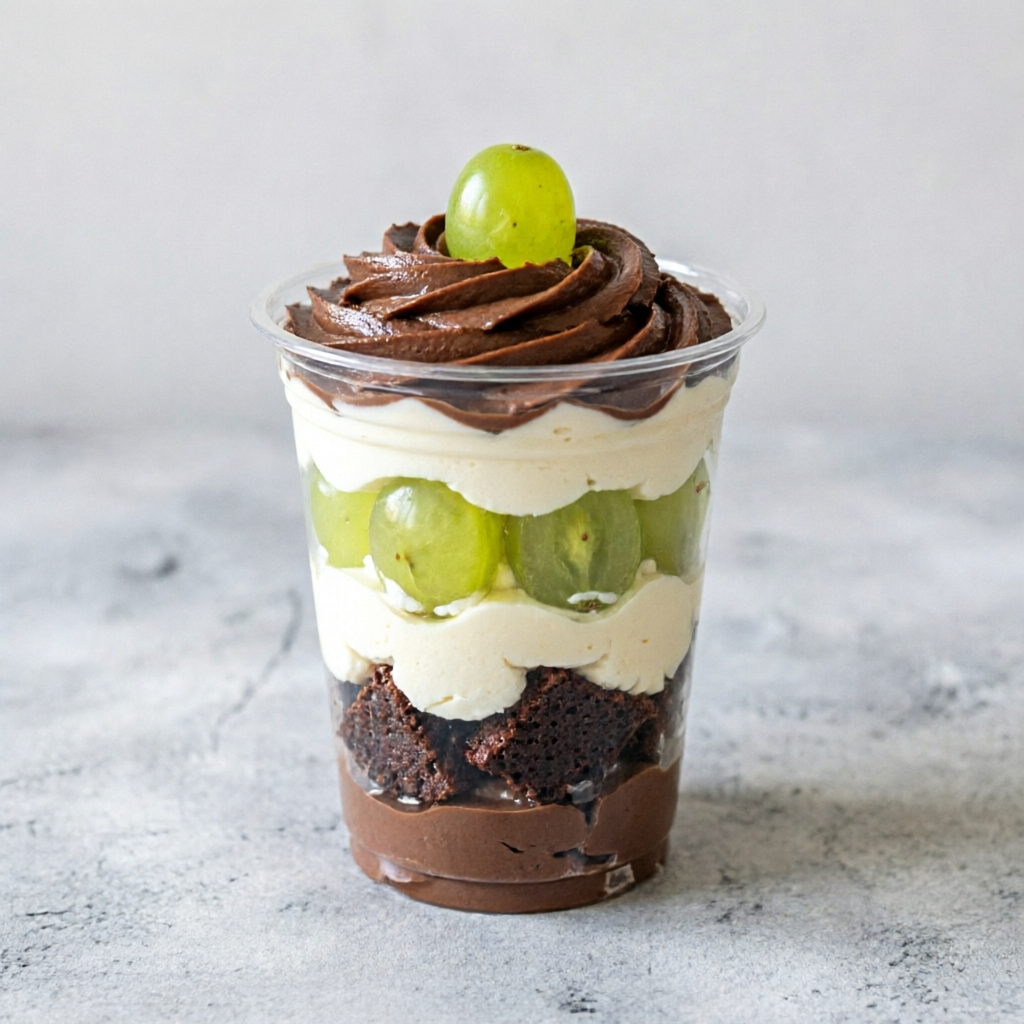 Recheio de chocolate, brownie, recheio cremoso branco e uvas frescas.