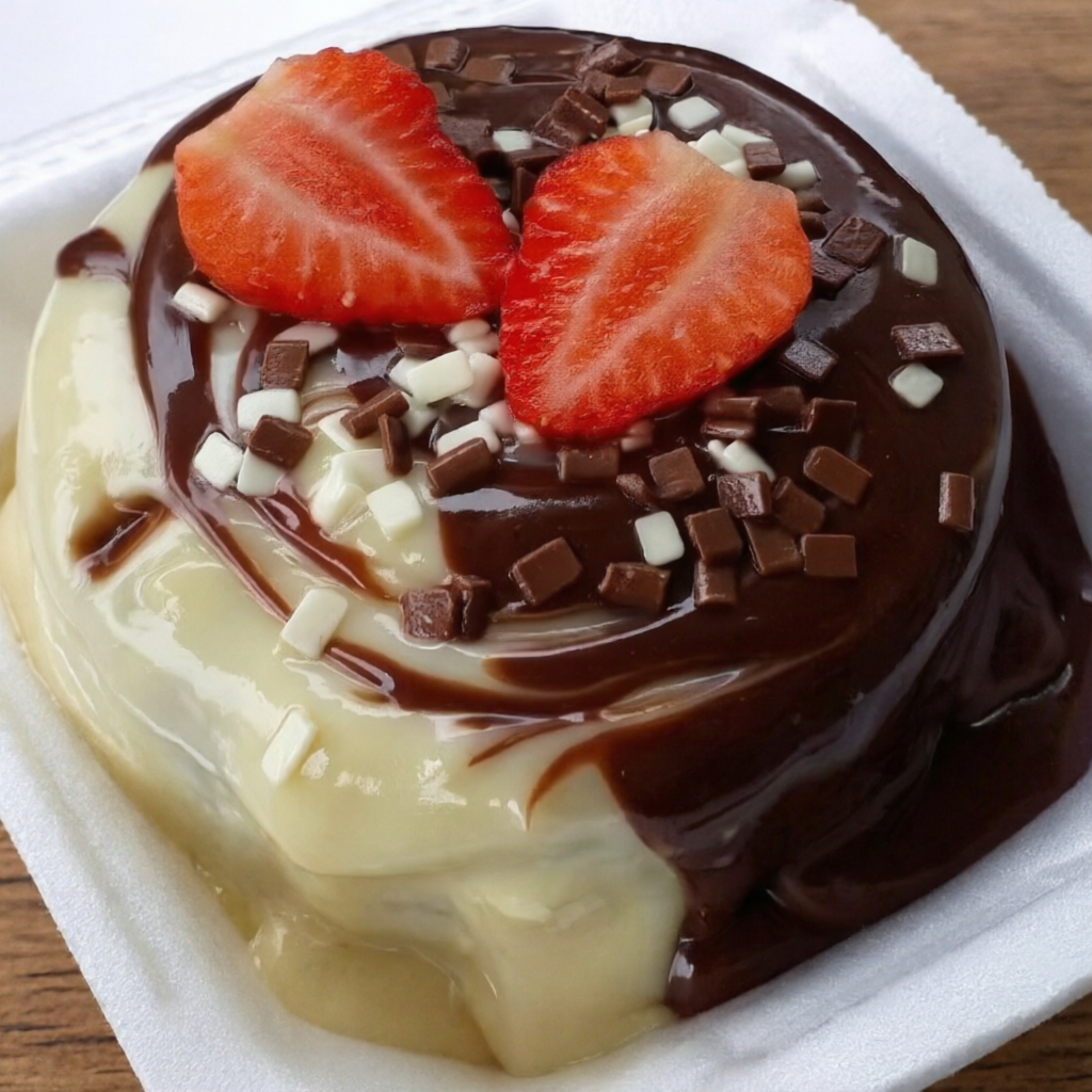 Bolo com deliciosa massa de chocolate 50% cacau, recheado e coberto com brigadeiro cremoso tradicional e branco. Finalizado com granulados de chocolate e morango.