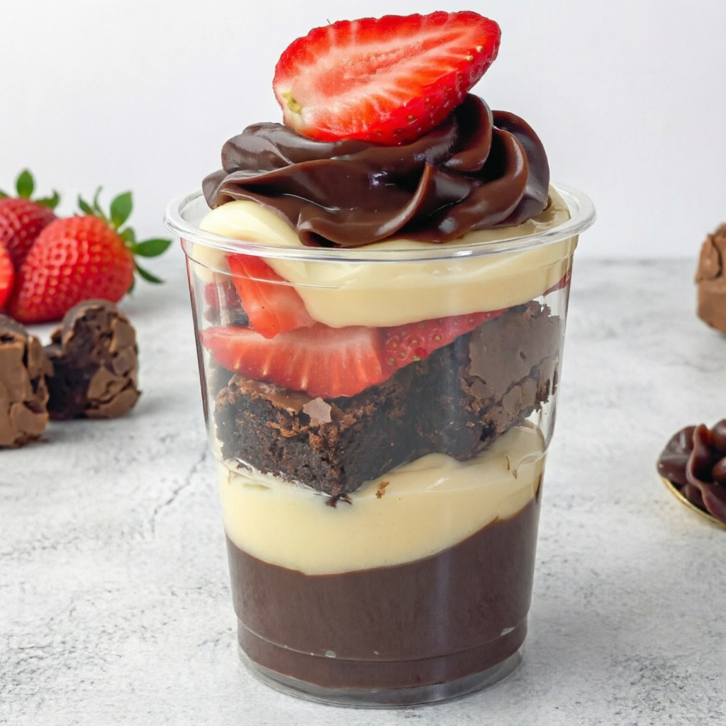 Chocolate, ninho, brownie e morangos