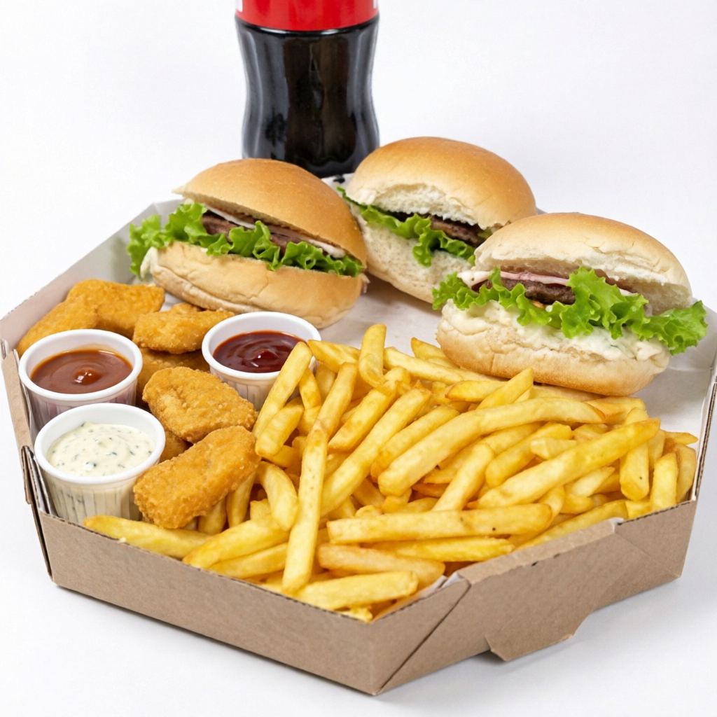 3 x burguer ou x salada porção de batata 400g, porção de nuggets 400g - molhos (nao acompanha refrigerante)