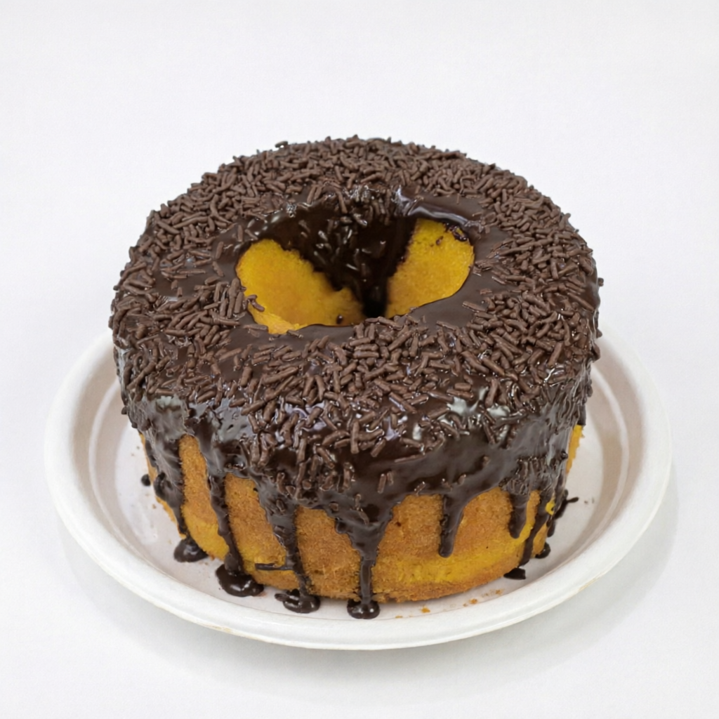 Bolo de cenoura com cobertura de chocolate e chocolate granulado