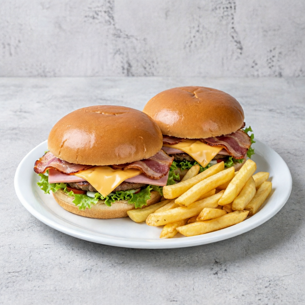 Hambúrguer Tradicional, bacon, queijo prato, presunto, salada