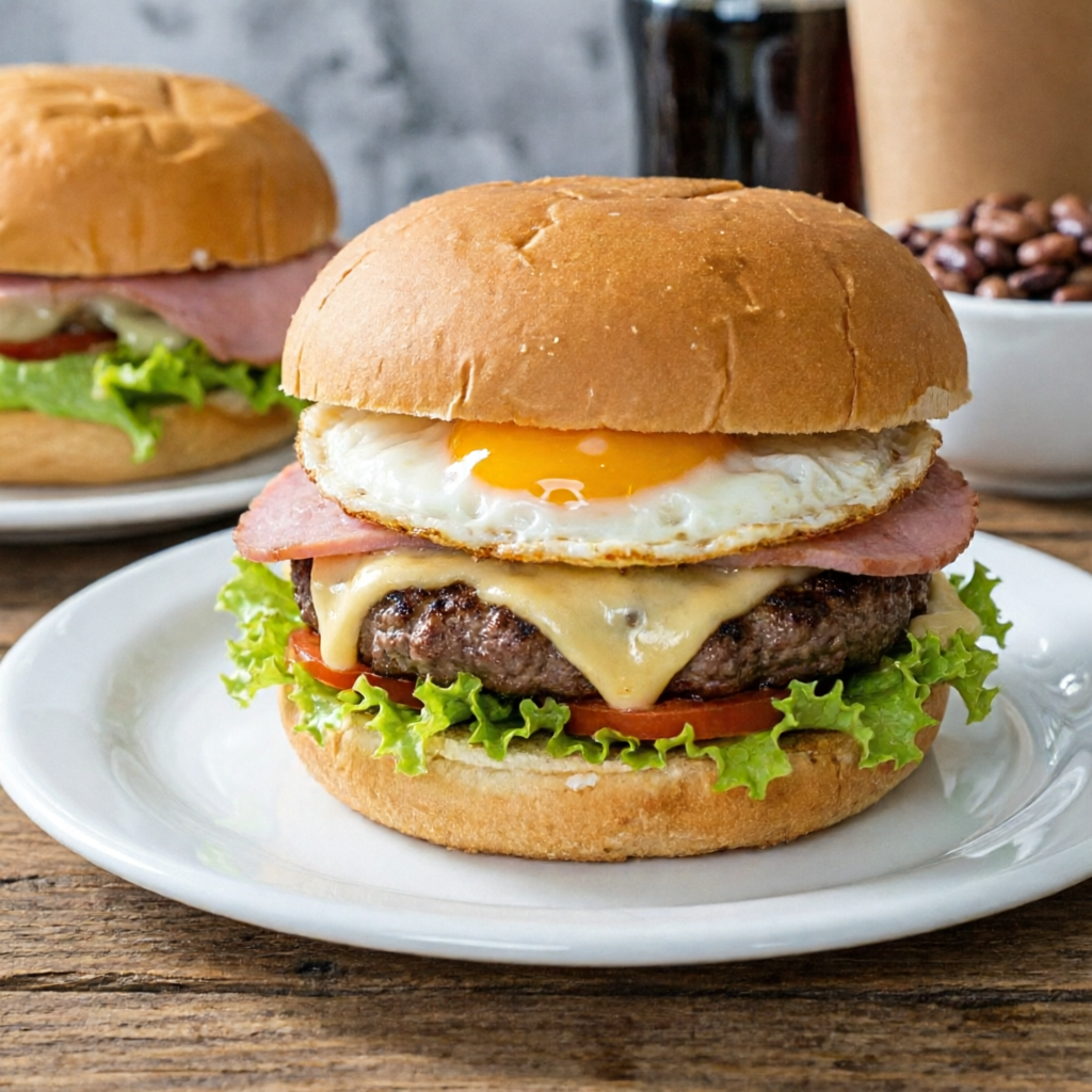 Hambúrguer, Ovo, presunto, queijo e salada.
*Foto ilustrativa*