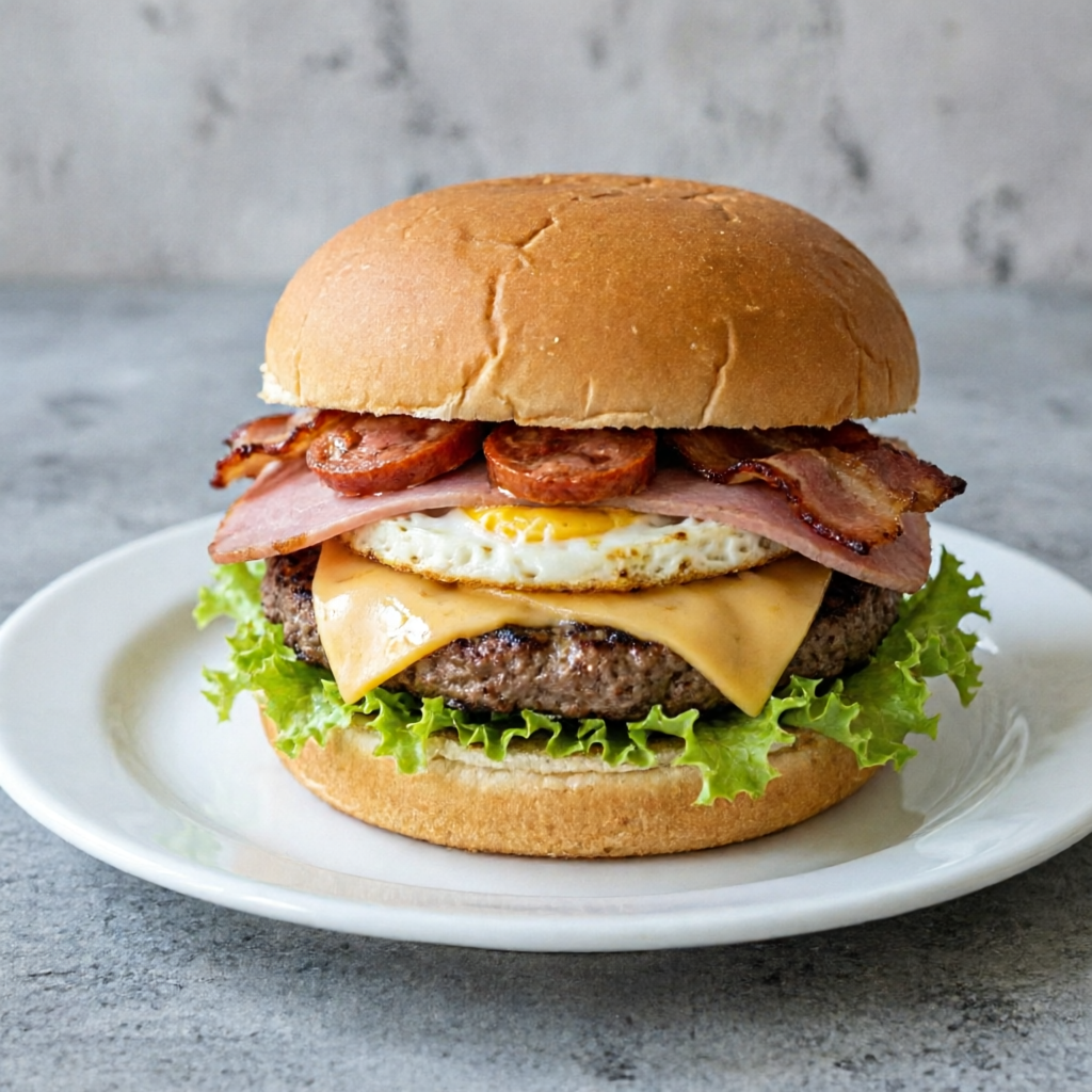 Hambúrguer, Bacon, calabresa, ovo, presunto, queijo e salada.
*Foto ilustrativa*