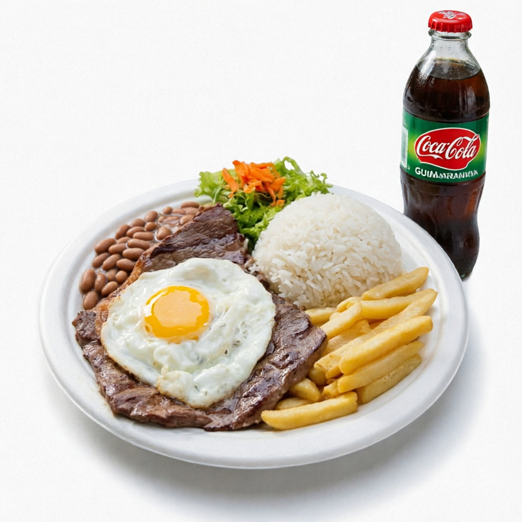 Marmita acompanha arroz, feijão, contra filé, ovo e batata frita.