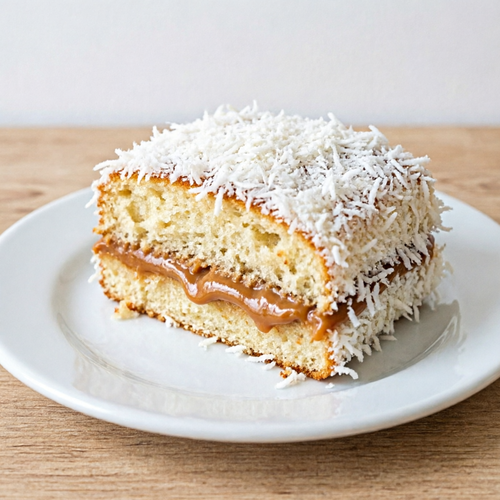 Delicioso pedaço de bolo de coco molhadinho com doce de leite .