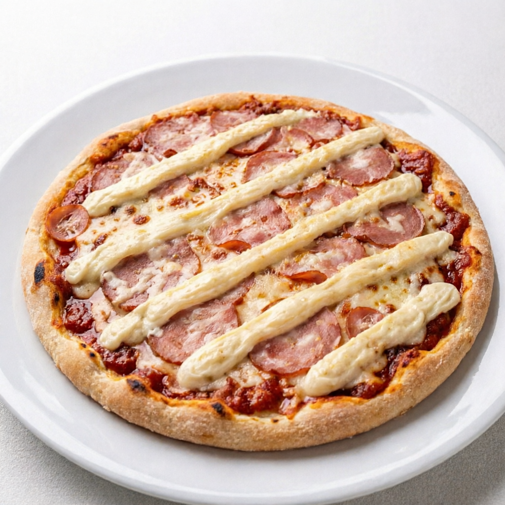 MOLHO DE TOMATE, LOMBO CANADENSE COBERTO COM MUSSARELA OU CATUPIRY.