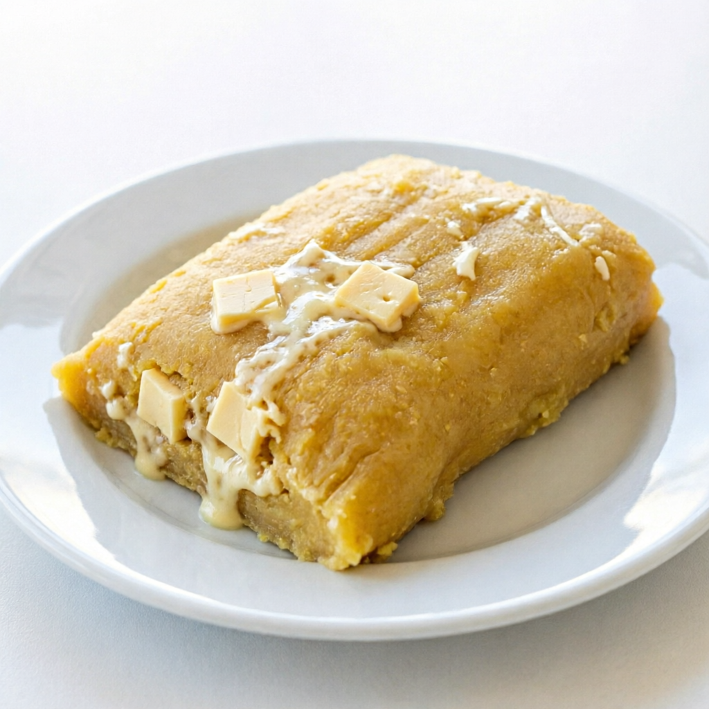 Pamonha de doce com pedaços de queijo.