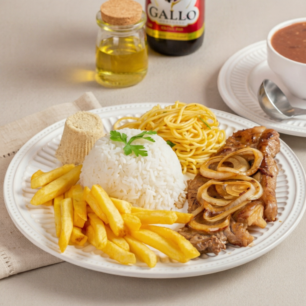 02 BIFES ACEBOLADOS DE CONTRAFILÉ, ARROZ, BATATAS FRITAS, MOLHO E FAROFA.