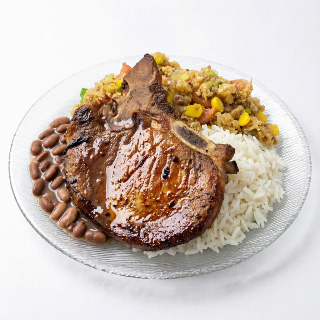 Bisteca Suína com feijão tropeiro, arroz e feijão