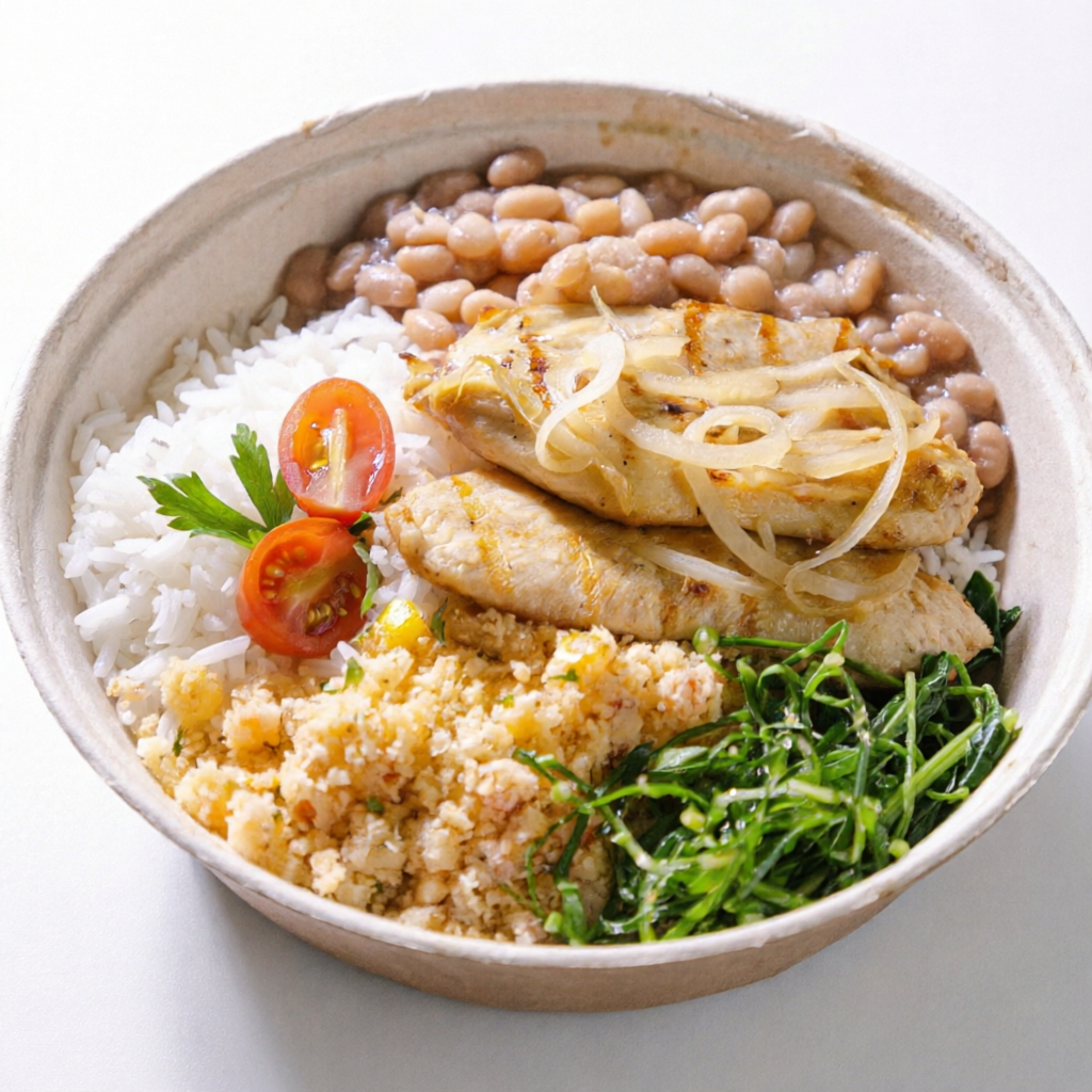 Filé de frango acebolado, acompanha arroz branco, feijão de caldo, couve refogada e farofa d'água (farinha branca, coentro, manteiga do sertão, tomate, cebola, pimenta do reino).