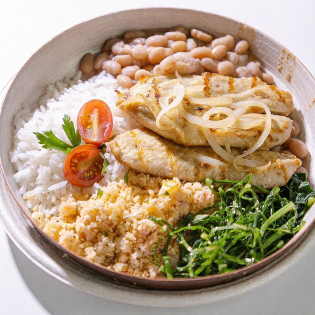 Filé de frango acebolado, acompanha arroz branco, feijão de caldo, couve refogada e farofa d'água (farinha branca, coentro, manteiga do sertão, tomate, cebola, pimenta do reino).