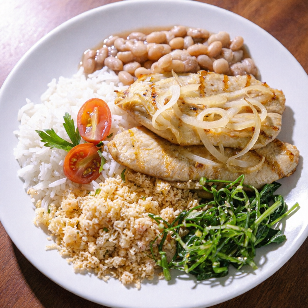 Filé de frango acebolado, acompanha arroz branco, feijão de caldo, couve refogada e farofa d'água (farinha branca, coentro, manteiga do sertão, tomate, cebola, pimenta do reino).