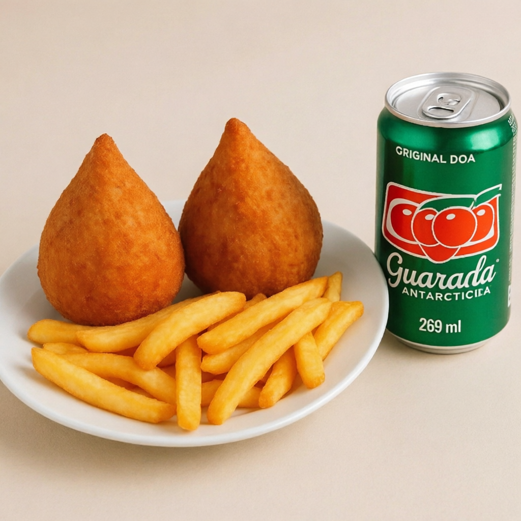 ESSE DELICIOSO COMBO ACOMPANHA 2 COXINHA DE FRANGO CREMOSO+1 GUARANÁ ANTÁRTICA 269ML+BATATA FRITA.