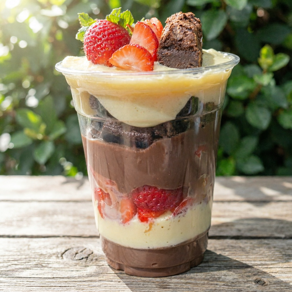 Brigadeiro de chocolate, Brigadeiro de leite Ninho com pedaços de Morangos e um delicioso Brownie