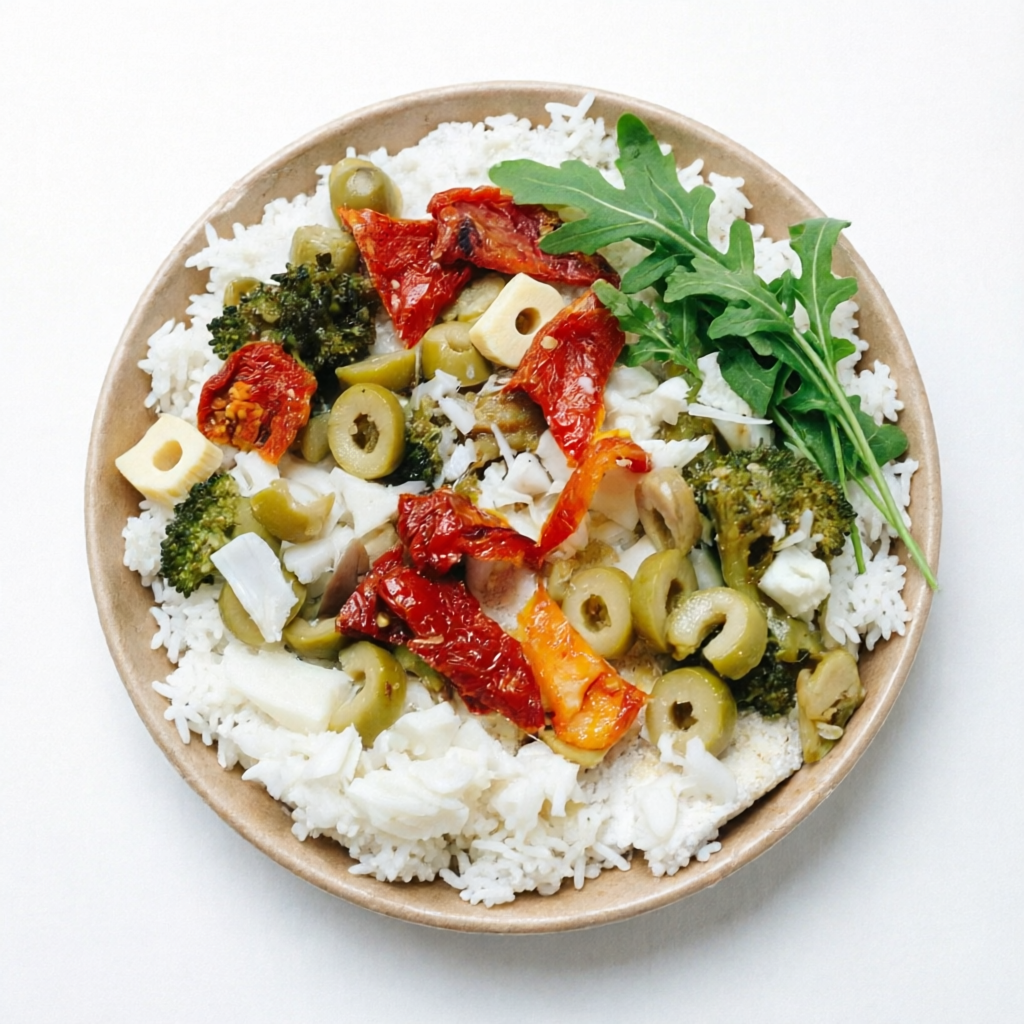 Brócolis, Palmito, Rúcula, Azeitonas e Tomate Seco