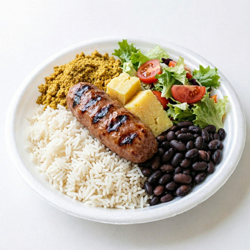 Arroz,feijão,salada, mandioca e linguiça de frango assada
