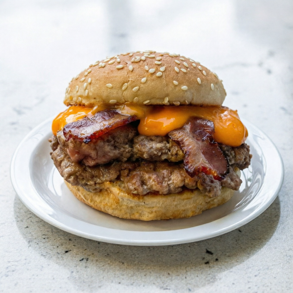 Pão gergelim, 2 carne de smash de 70g, fatias de Bacon coberto com cheddar cremoso