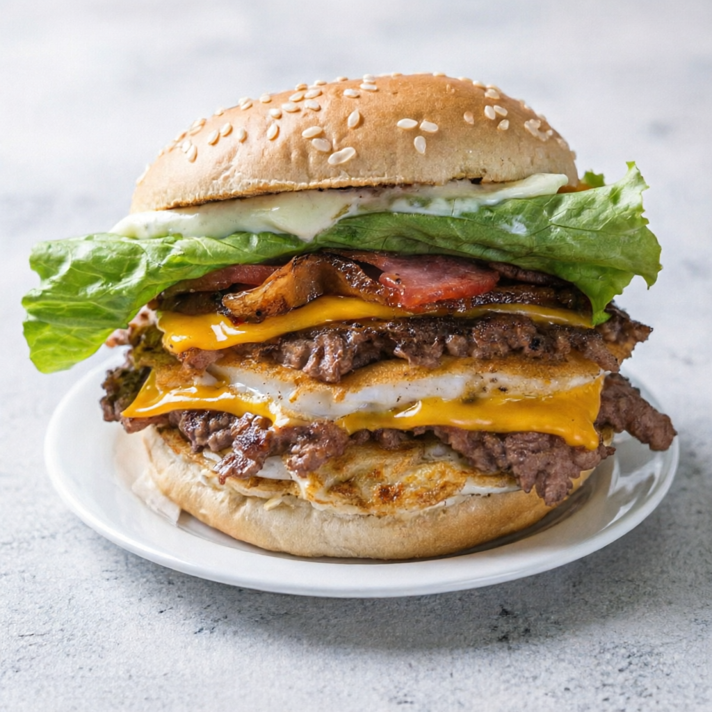 pão com gergilim, 2 carne de smash de 60g, fatias de cheddar derretido no vapor, 2ovos, fatias de bacon , molho de ervas e salada