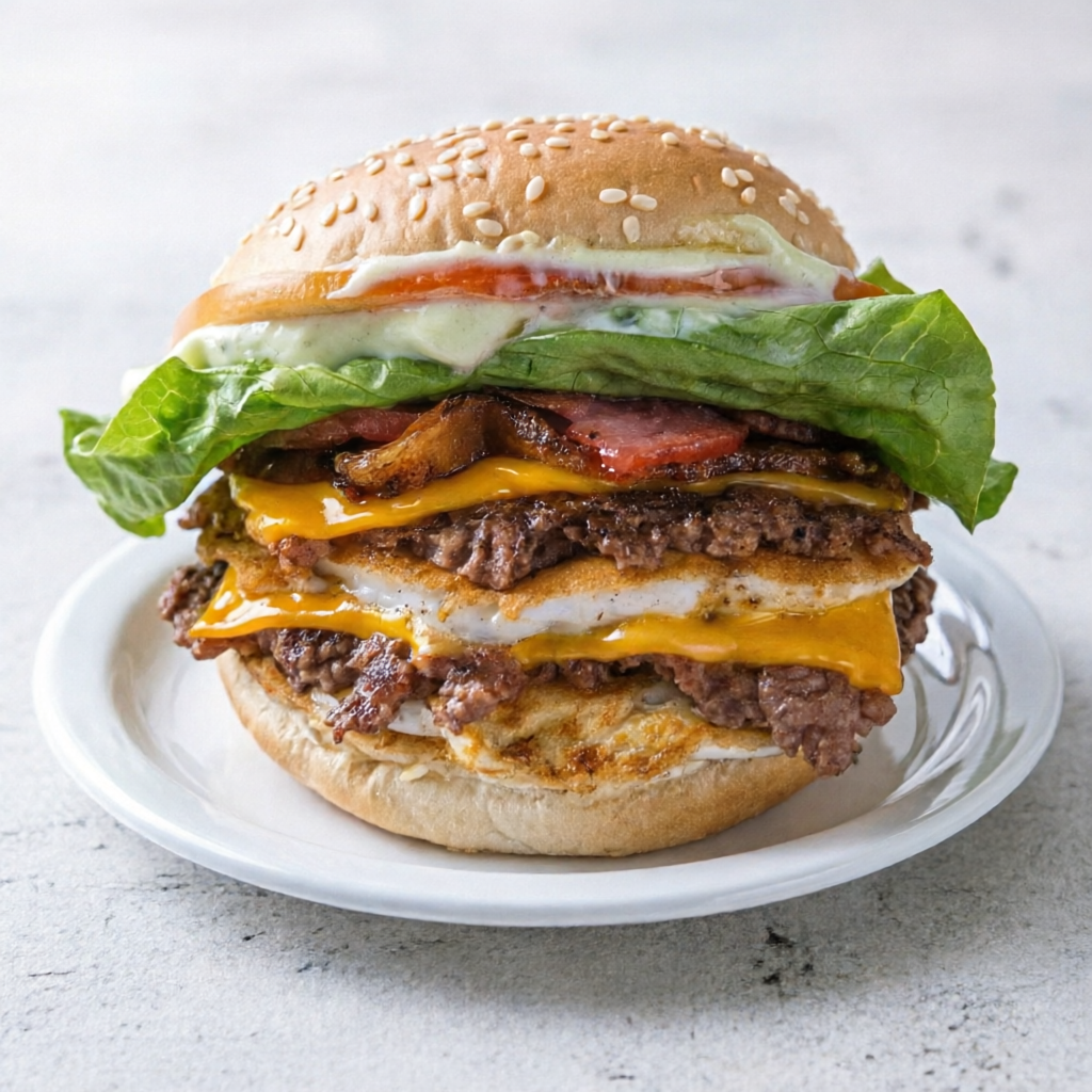 Pão gergelim macio, 2 deliciosas carnes de smash de 60g, fatias de cheddar derretido no vapor, 2 ovos, fatias de bacon, fatias de calabresa, salada e molho de ervas.