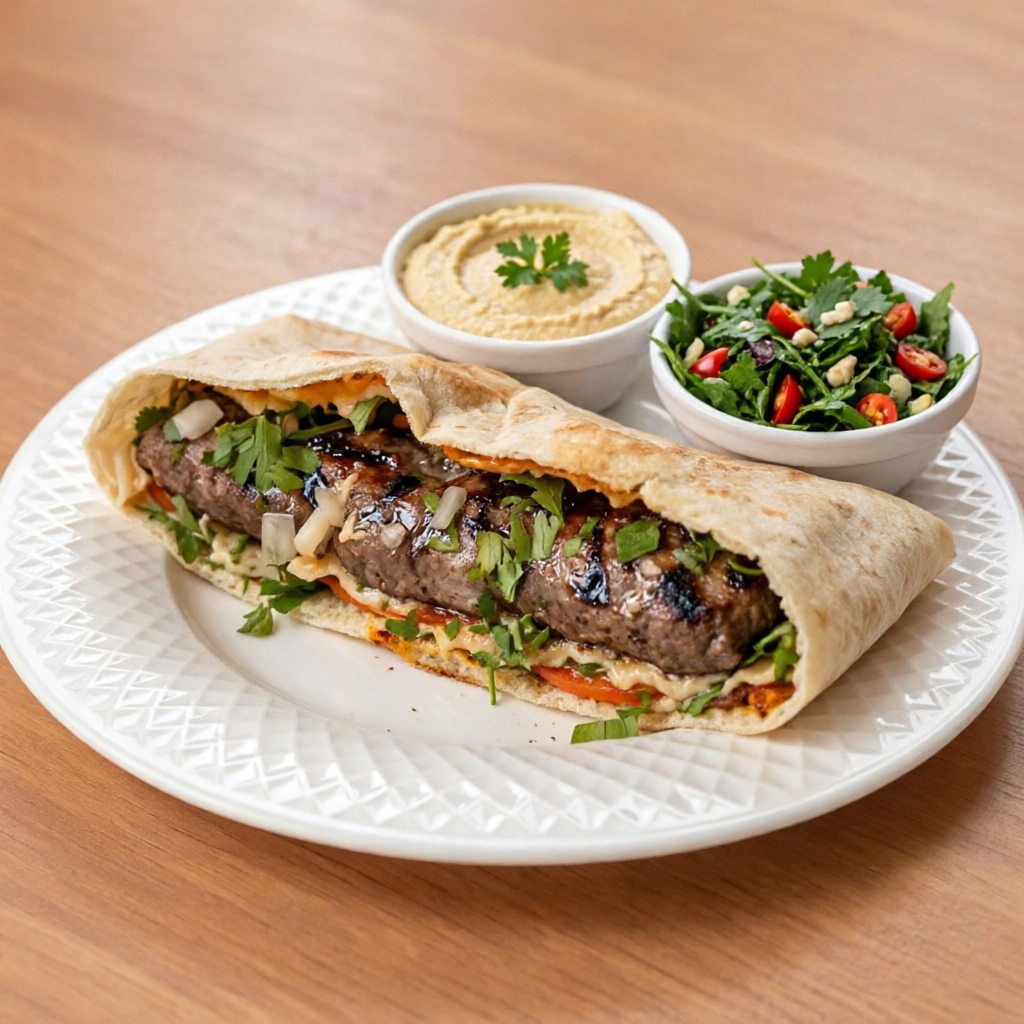 Sanduiche no pão Árabe com kafta de carne (aprox. 140g) + 1 acompanhamento, escolha entre: Hommus tahine, baba ghannoush ou tabule.