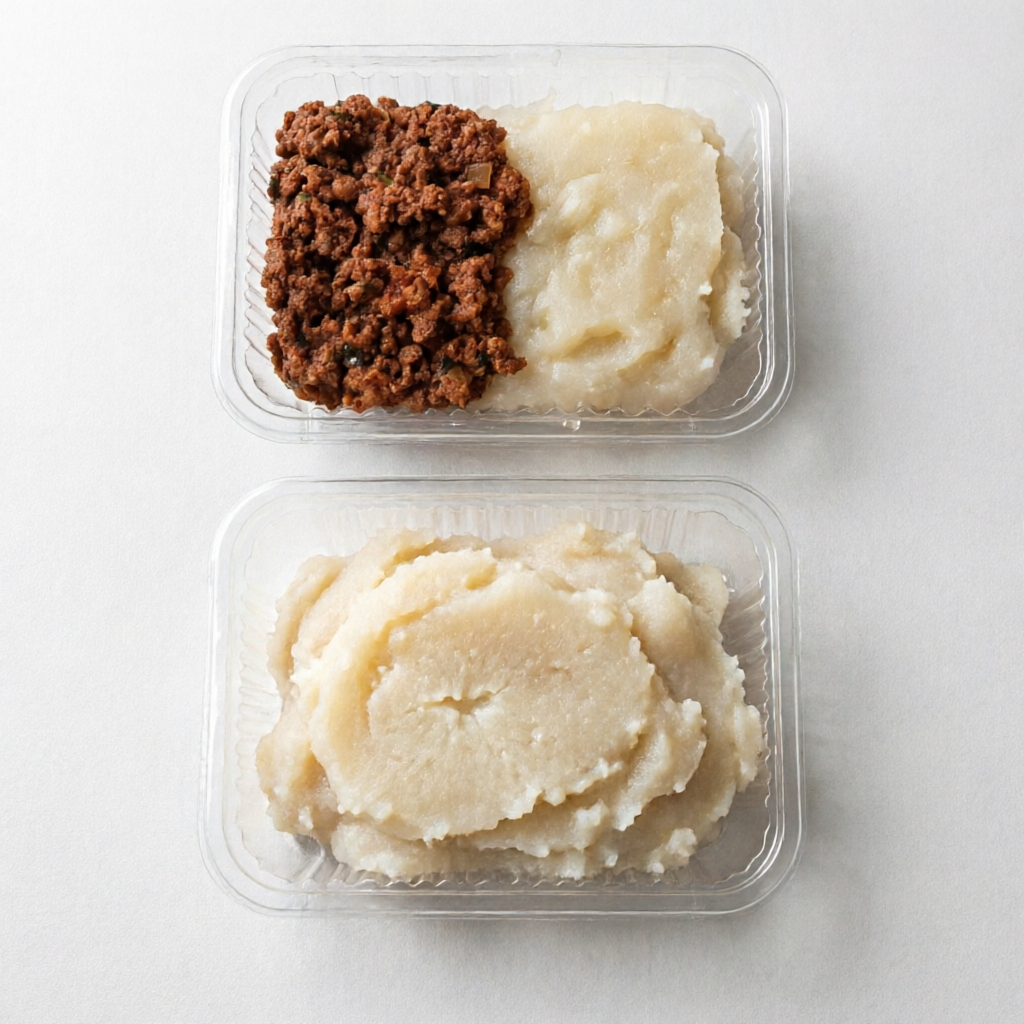 200g de Purê de Aipim + 150g de Patinho moído. Refeições saudáveis e congeladas, preparo de 5 a 8 minutos no microondas. Valor energético: 548,50 Kcal