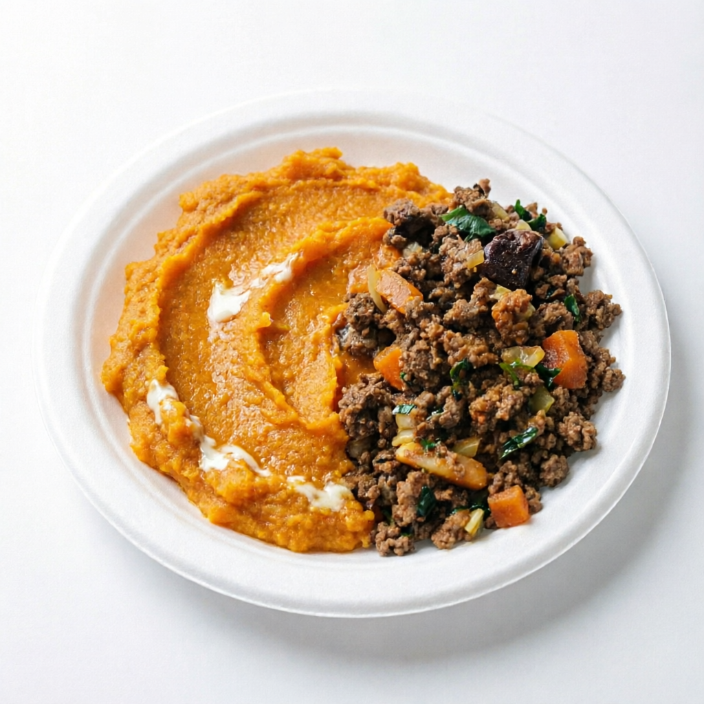 200g de Purê de Abóbora +150g de Patinho moído. Refeições saudáveis e congeladas, preparo de 5 a 8 minutos no microondas. Valor energético: 384,50 Kcal