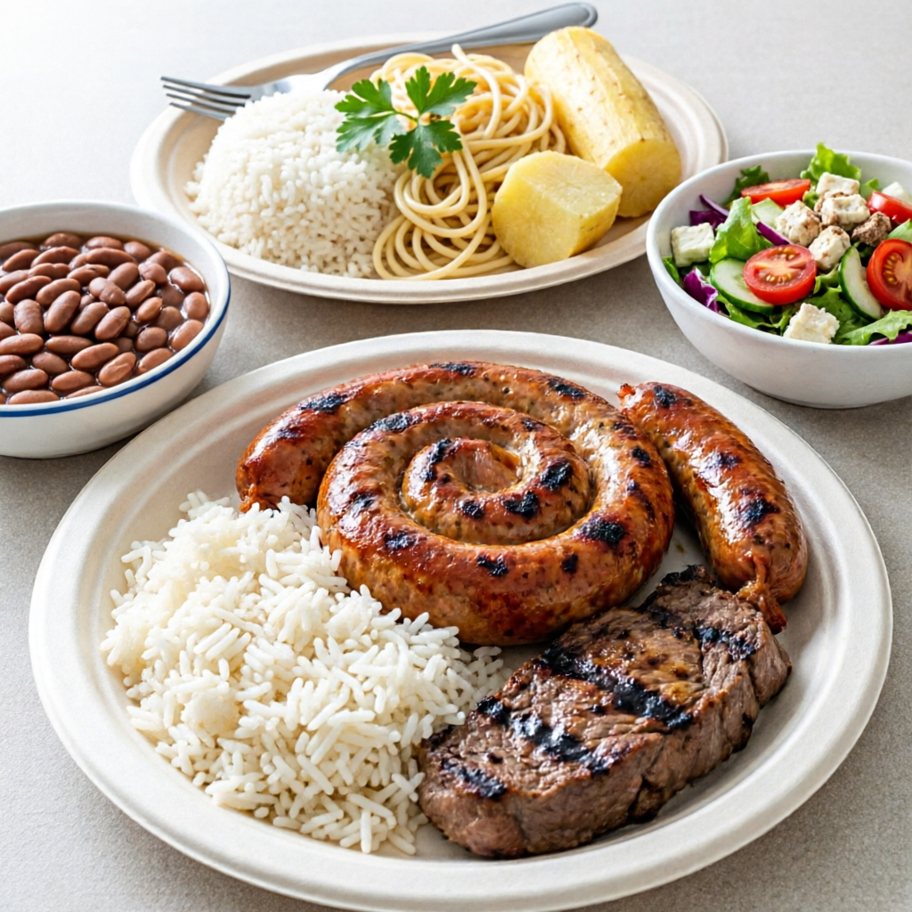 Arroz, feijão tropeiro ou caldo, macarrão, linguiça de pernil com pimenta assada e churrasco assado na brasa, verduras e saladas do Dia. A marmita e padrao nao fazemos troca ou retirada de itens .