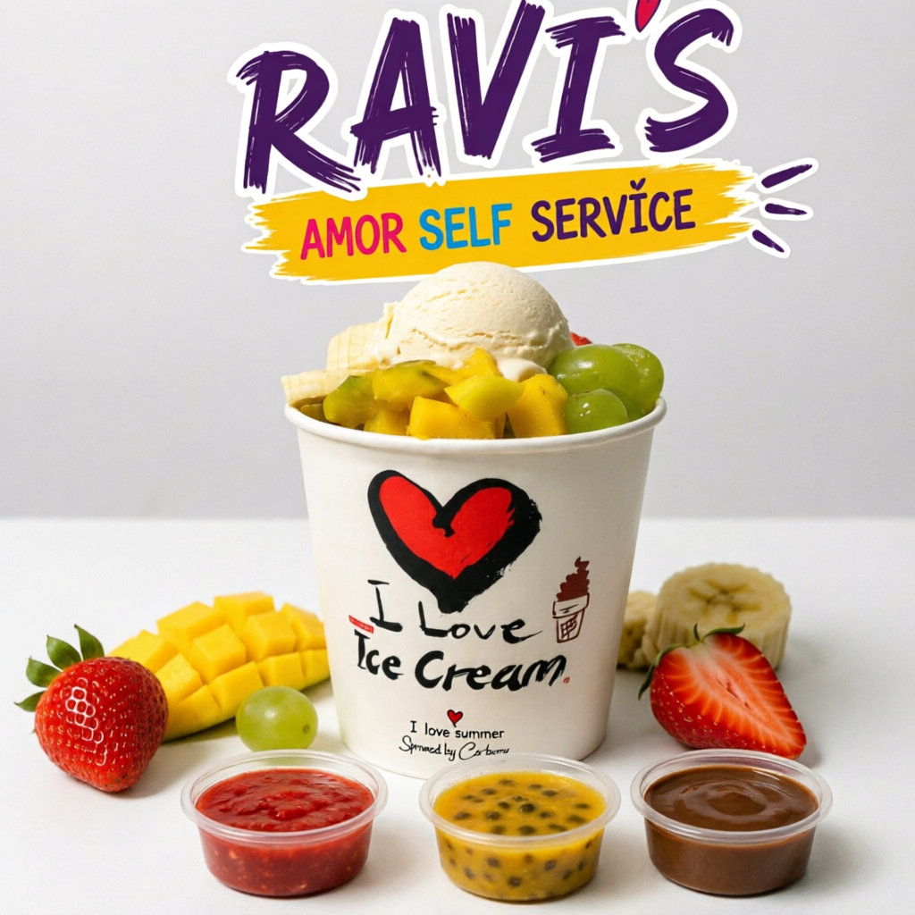 Sorvete de baunilha com frutas extremamente frescas e cobertura opcional a seu gosto.