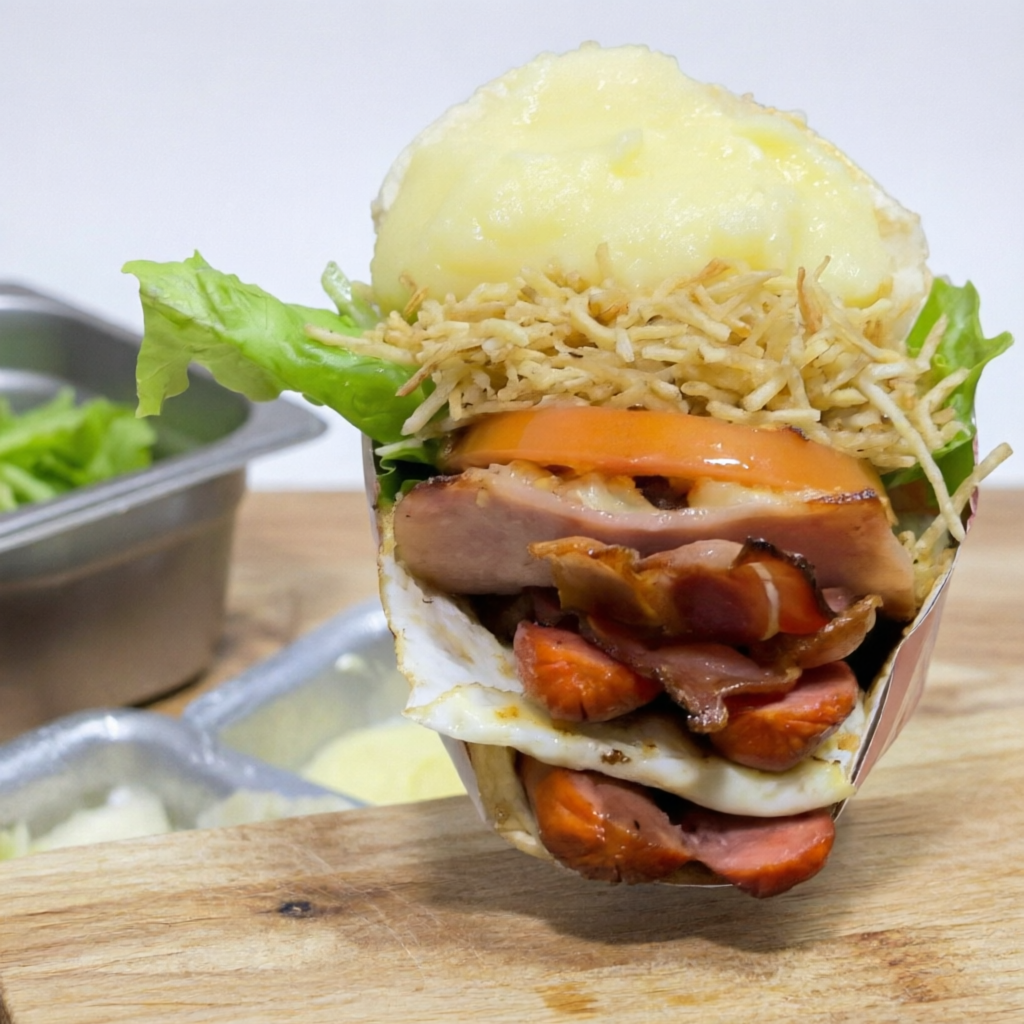 Pão,carne,queijo,presunto,bacon,2salsicha,ovo,alface e tomate