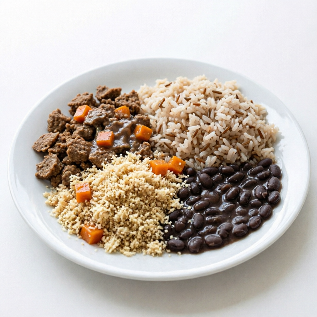 Aquele prato com gostinho de comida caseira. Sojinha refogada, feijão, farofa de alho e arroz integral.