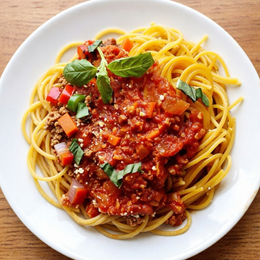 Prato delicioso de massa espaguete, com molho de soja refogada com legumes picadinhos( cenoura, cebola , tomate e pimentão) e molho de tomate natural.