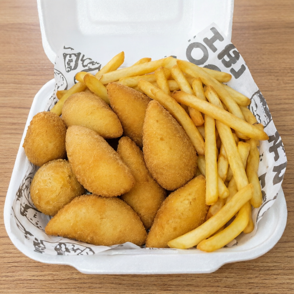 O kit que conquistou quem ama um lanche caprichado!!! São 10 mini salgados, com massa macia e recheio saboroso acompanhando de 200gr de batatas fritas crocantes e douradinha, preparada na hora. A combinação perfeita para um lanche completo saboroso e com ótimo custo benefício. Faça seu pedido e aproveite!!!!