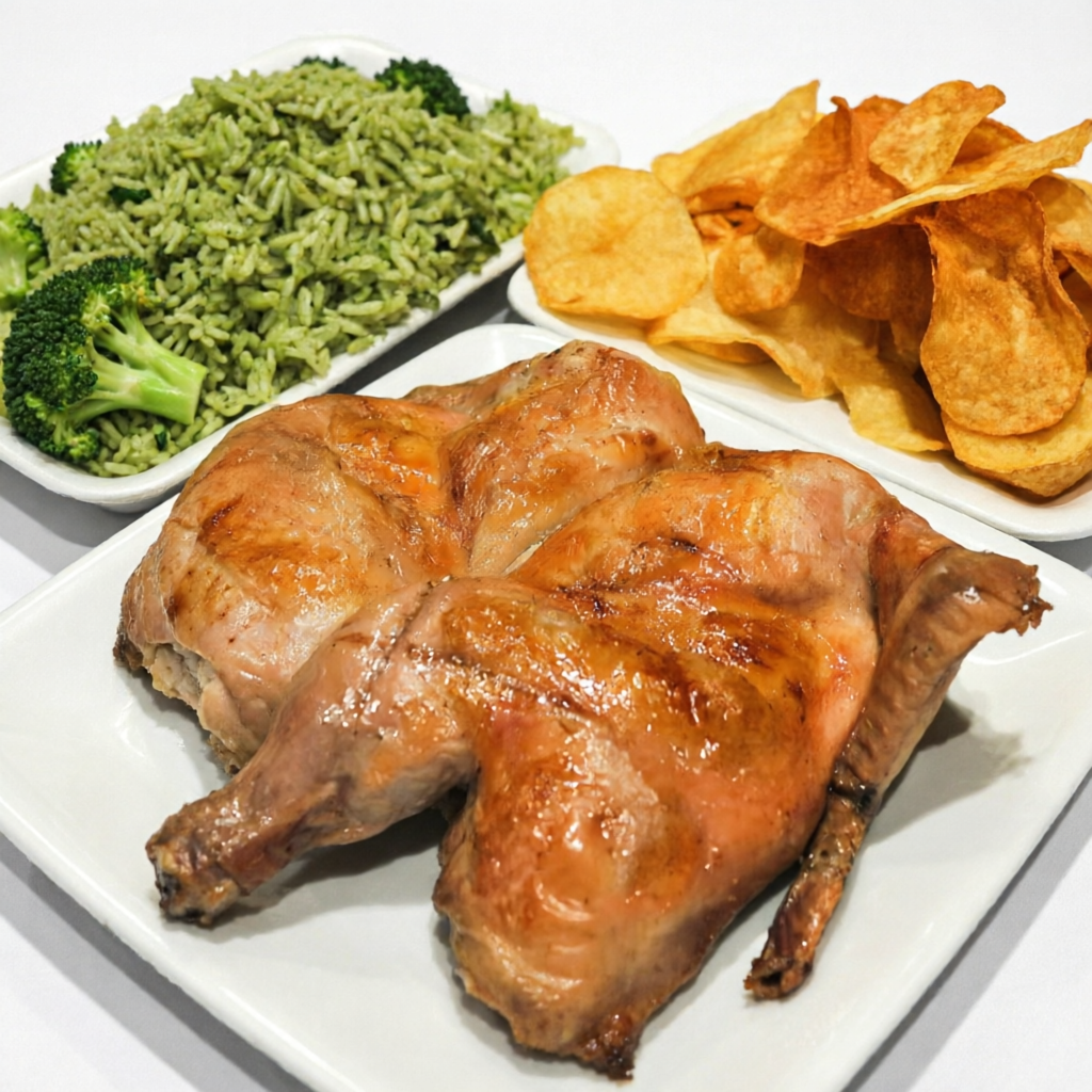 Galeto na brasa com arroz de brocolis e batata portuguesa