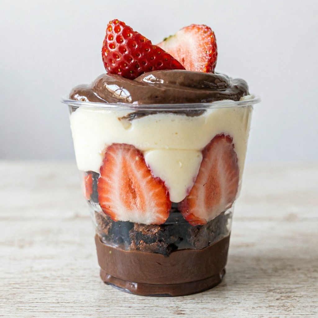 Delicioso copo da felicidade de Brownie com recheios de brigadeiro e Ninho e pedaços de morango selecionados, uma delícia! Copo de 150ml bem cheio