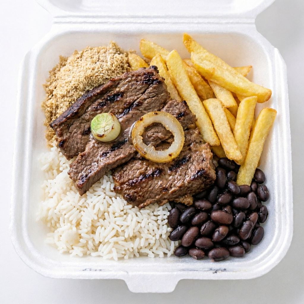 Marmitinha p de 500 ml com bife com fritas arroz feijao farofa