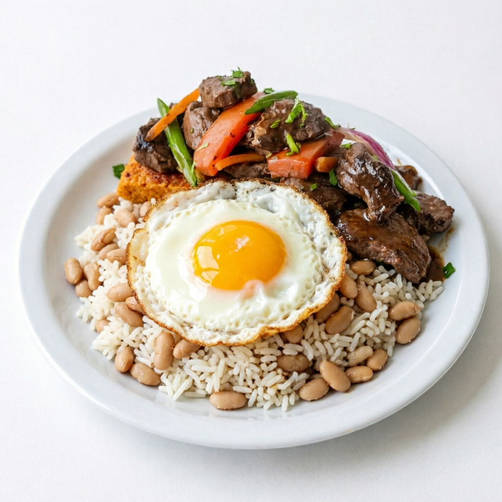 Feijão branco misturado com arroz e temperos peruanos. Acompanha Lomo saltado e ovo frito