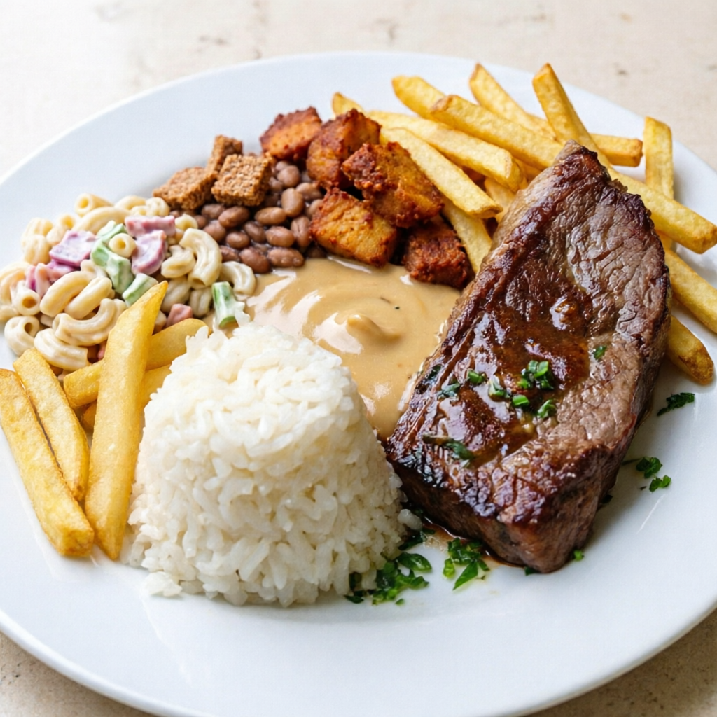 Um prato muito bem servido com uma boa porção de picanha, feijão tropeiro,macarronese,arroz,vinagrete batatas calabresas torresmo e batatas fritas douradas e crocantes.