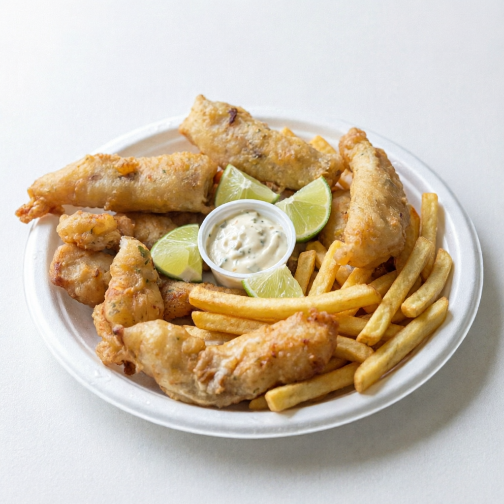800 gramas de gurjão com fritas douradas e crocantes, acompanhado de molho tártaro delicioso, ideal para tira gosto.