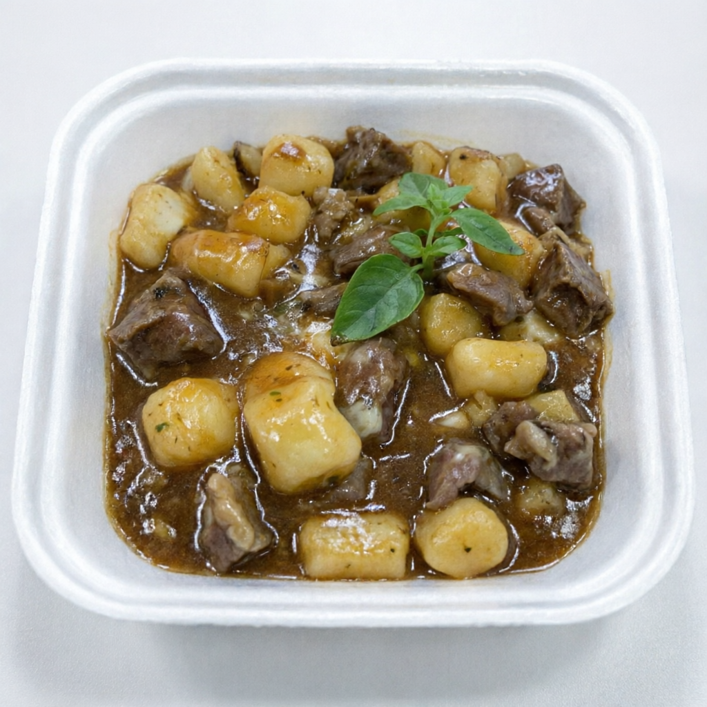 200g de massa de nhoque de aipim com filezinho de carne em cubos ao molho madeira.