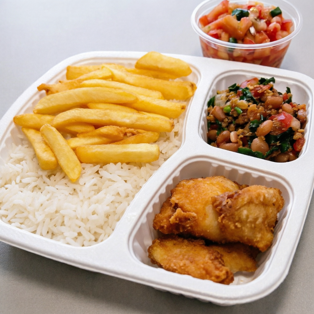 🍽️ 100g de filé de dourada crocante 🍚 Arroz soltinho no ponto 🥓 Feijão tropeiro bem temperado 🍟 Batata frita sequinha e dourada 🥗 Vinagrete fresco e saboroso