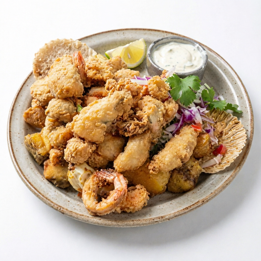 Empanados de peixe, lula e camarão, fritos. Acompanhados de molho de maionese da casa e “Sarza Criolla”