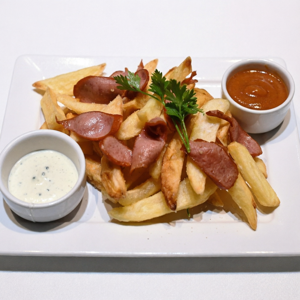Suculentas batatas fritas, salsicha frita e molhos da casa