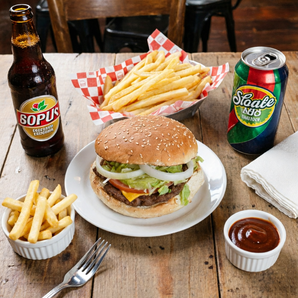 Refresco + Hamburguesa Cencilla + Papas Fritas